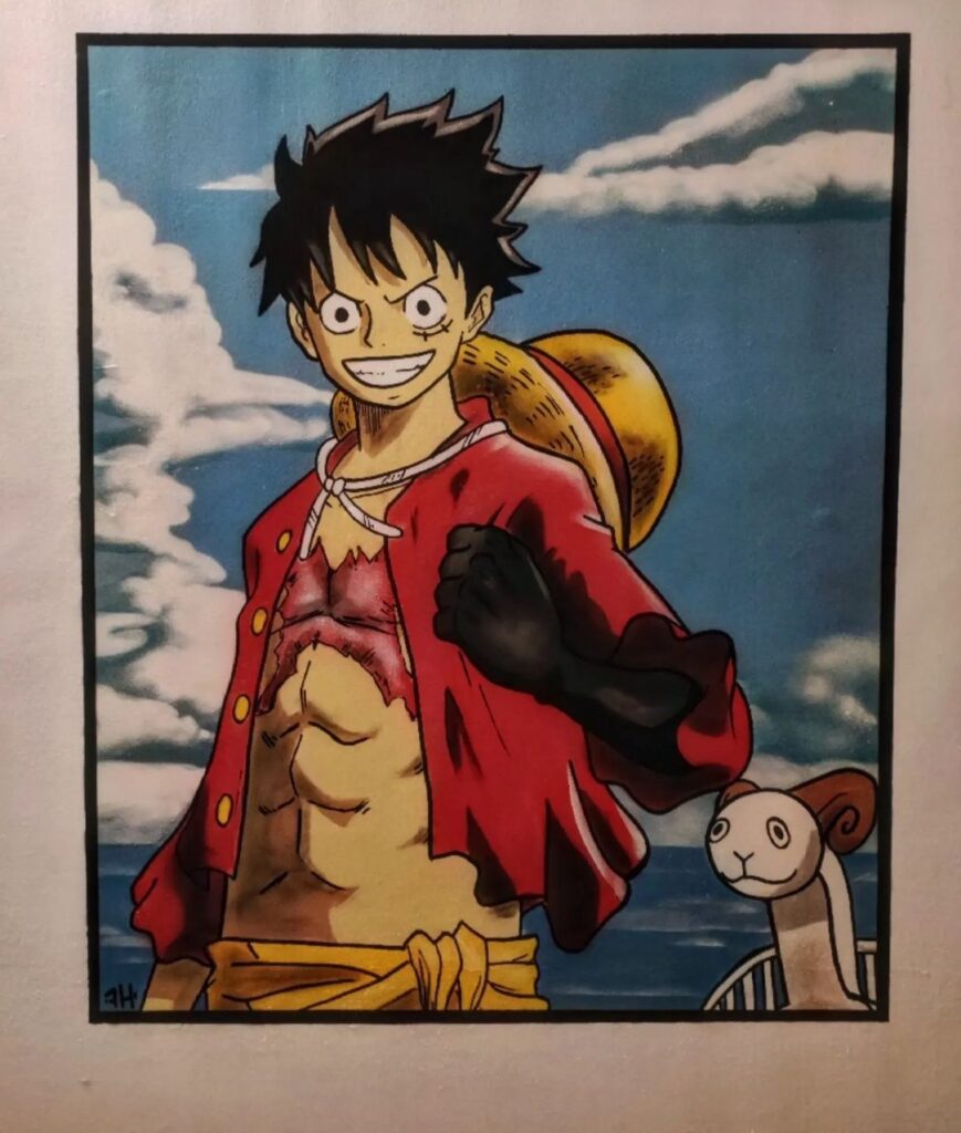 Graffiti de Luffy de One Piece, mostrando al personaje en una pose dinámica.