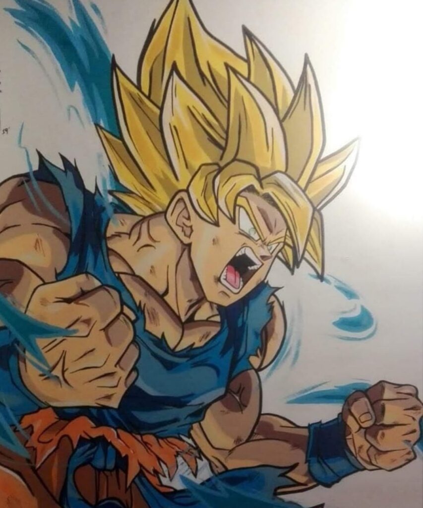 Graffiti de Son Goku en modo Super Saiyan, con detalles en colores vibrantes.